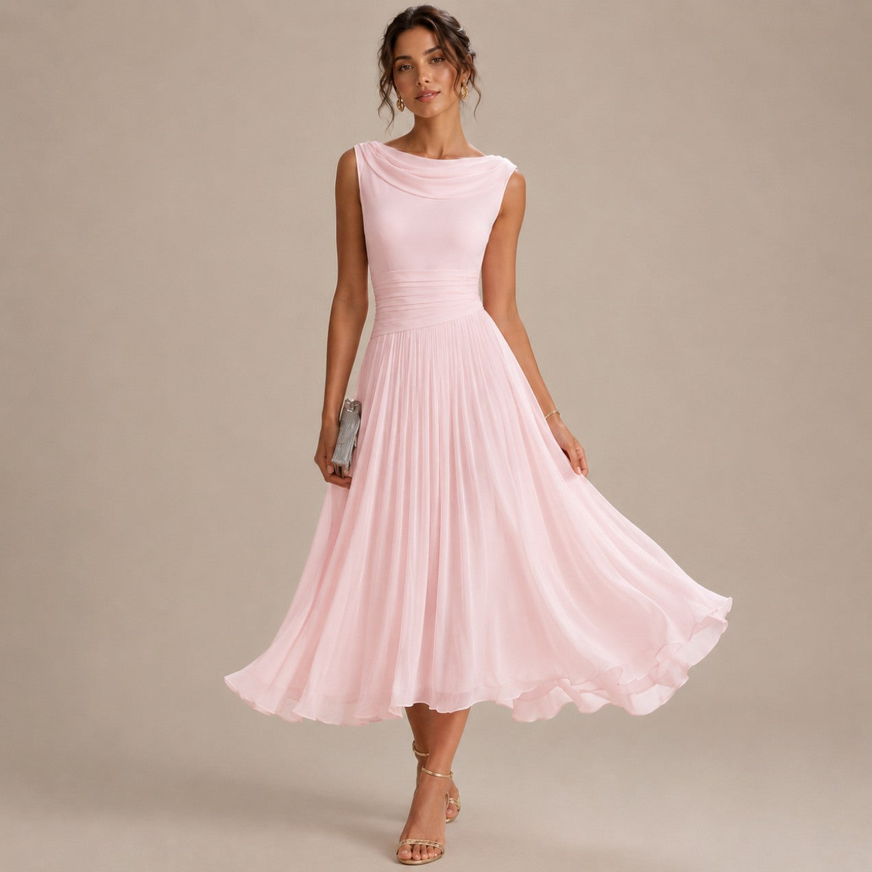 Cowl Neck Pleated Midi Dress