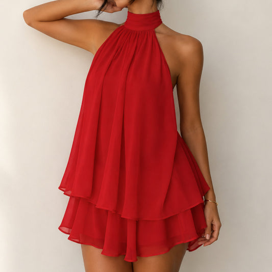 Chiffon Halter Tiered Mini Dress