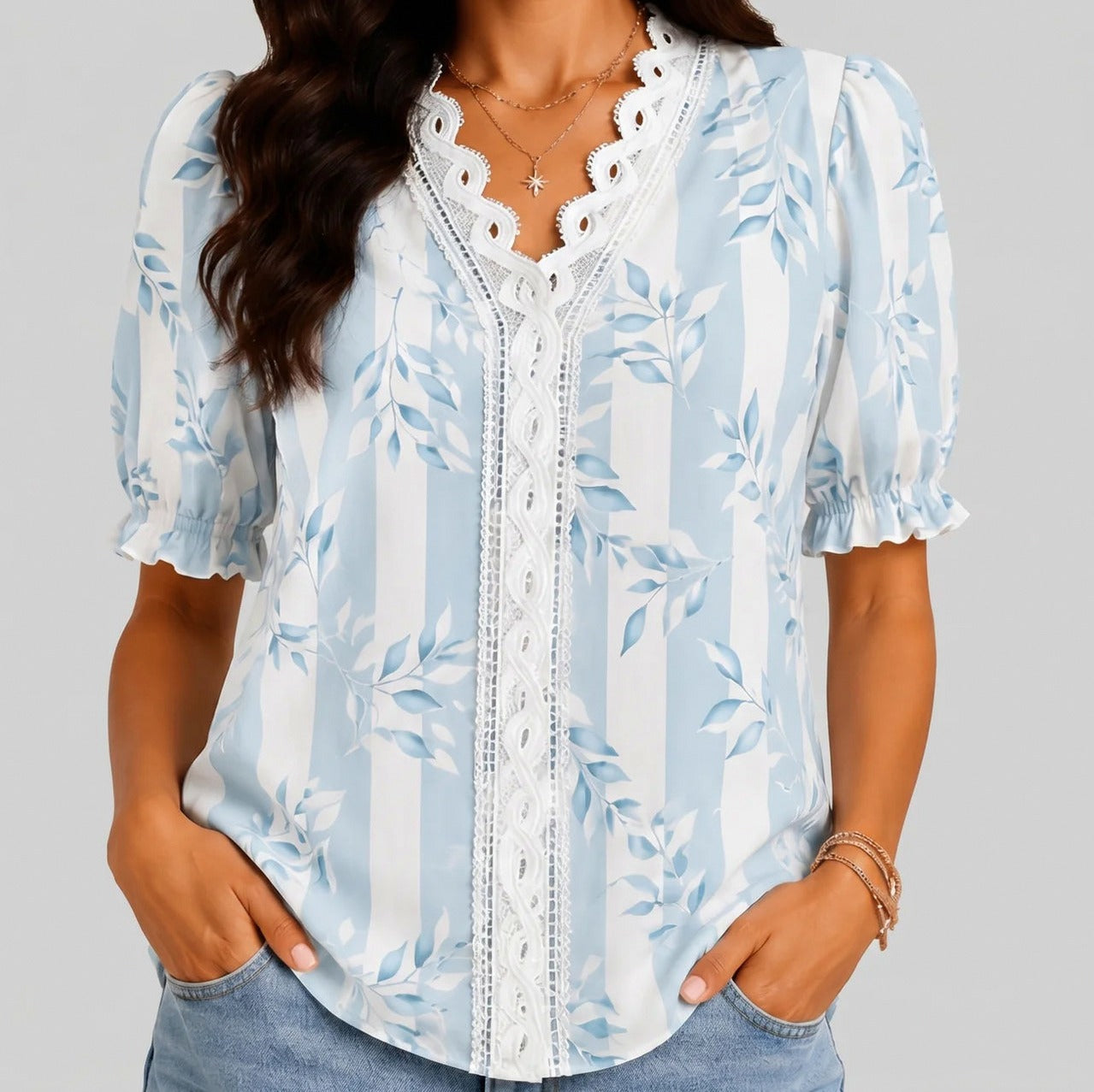 Floral Crochet Puff Sleeve Blouse