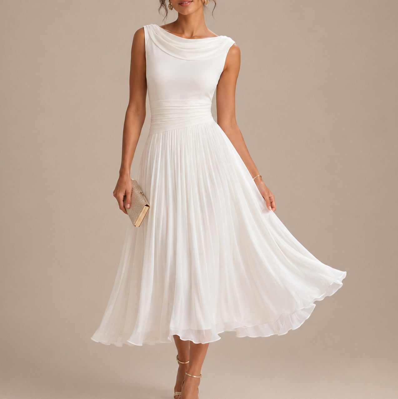 Cowl Neck Pleated Midi Dress