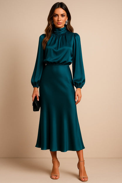 Satin High Neck Midi Dress