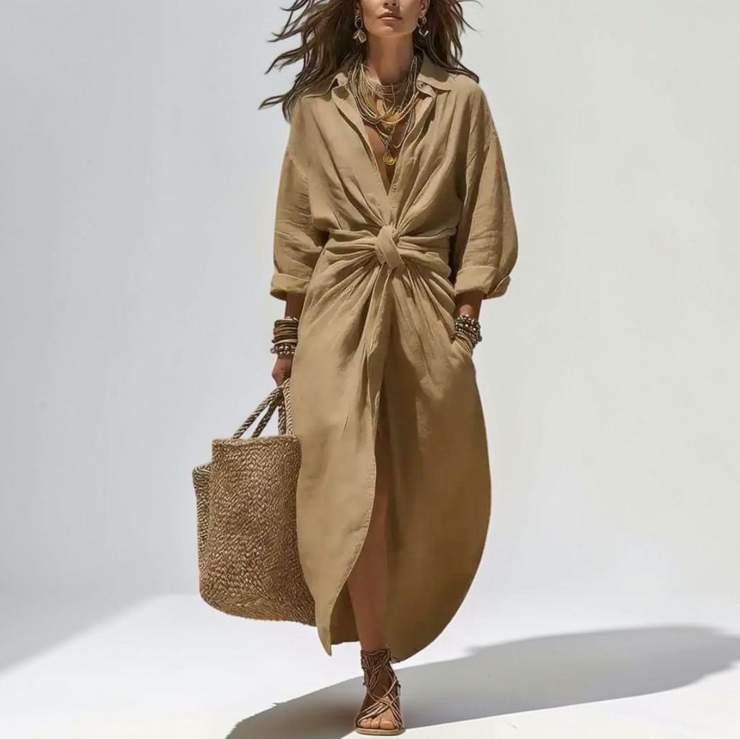Linen Twist Front Midi Dress