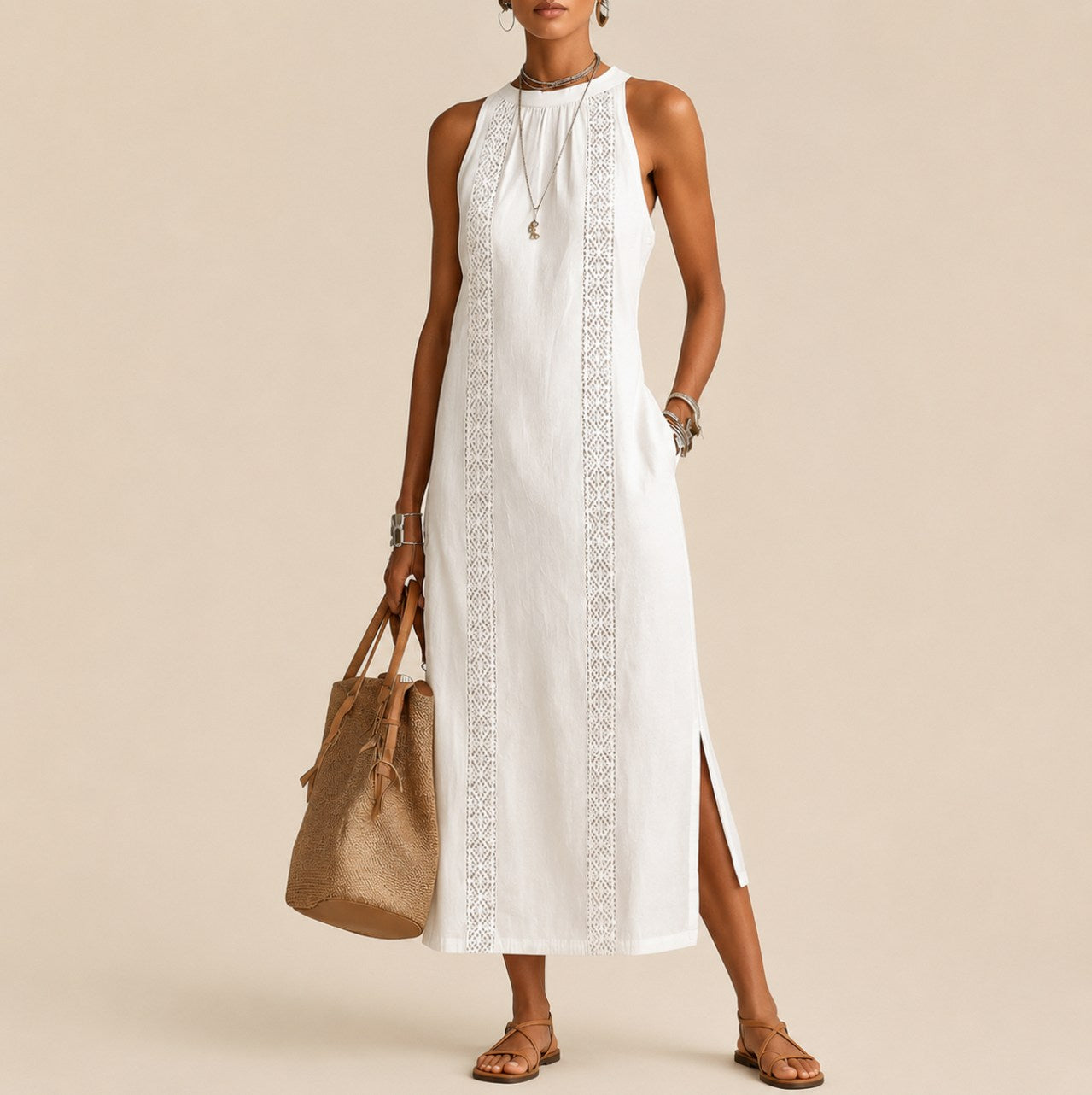 Halter Lace Trim Midi Sundress