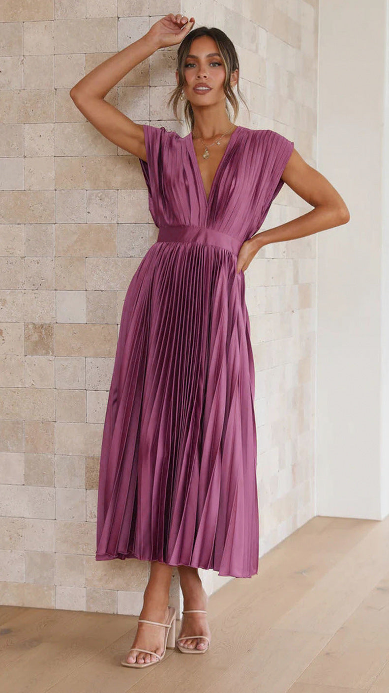 Satin Sleeveless Plunge Midi Dress