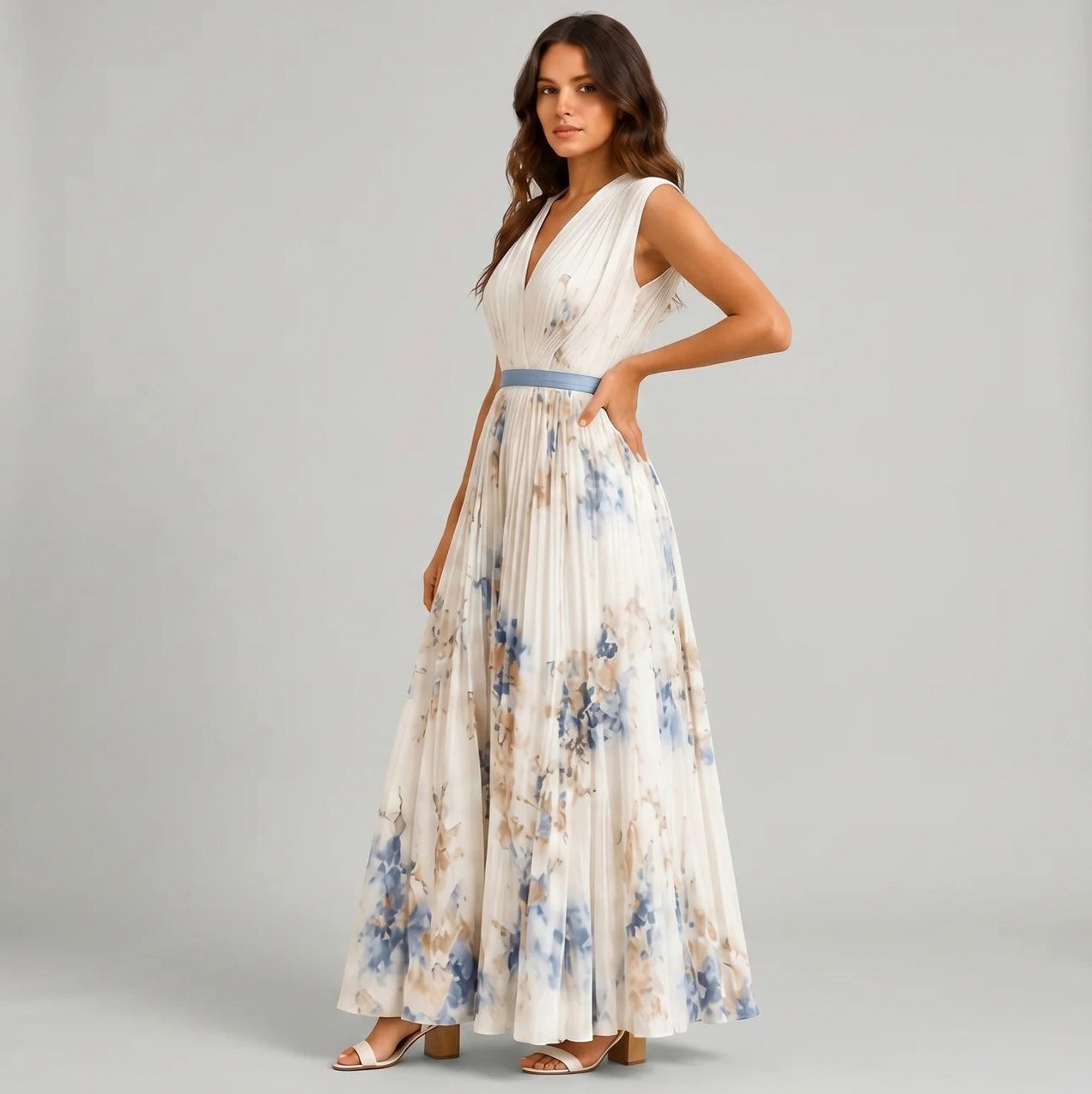 Chiffon Floral Pleated Maxi Dress