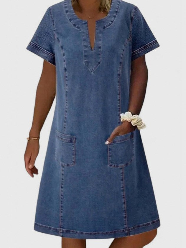 Denim Split Neck Midi Dress