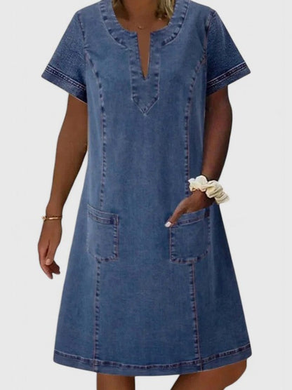 Denim Split Neck Midi Dress