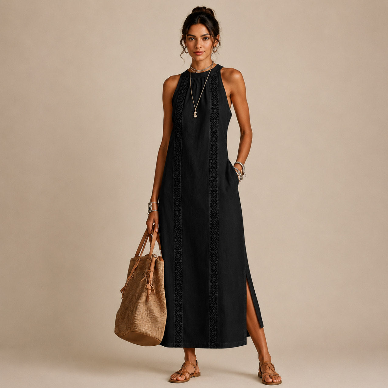 Halter Lace Trim Midi Sundress