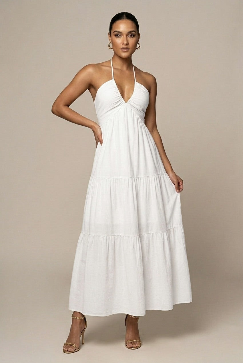 Linen Halter Tiered Maxi Dress