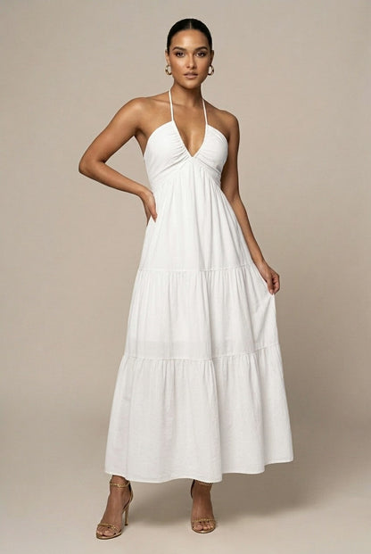 Linen Halter Tiered Maxi Dress