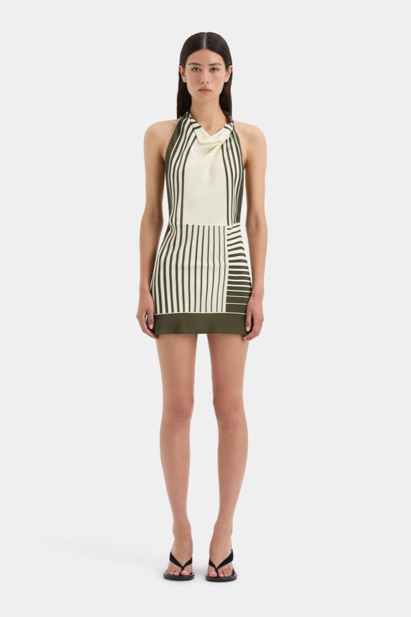 Green - Women's sleeveless mini dress featuring a halter cowl neckline and a bold cream and dark green geometric block stripe pattern.