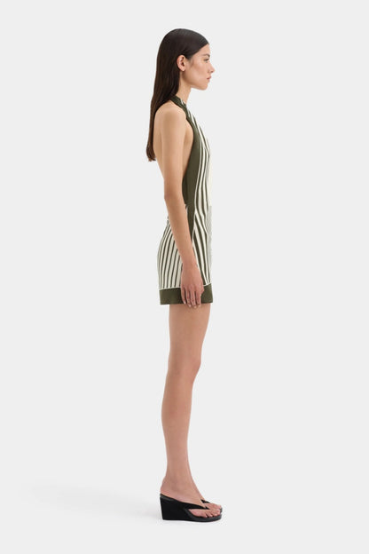 Green - Women's sleeveless mini dress featuring a halter cowl neckline and a bold cream and dark green geometric block stripe pattern.