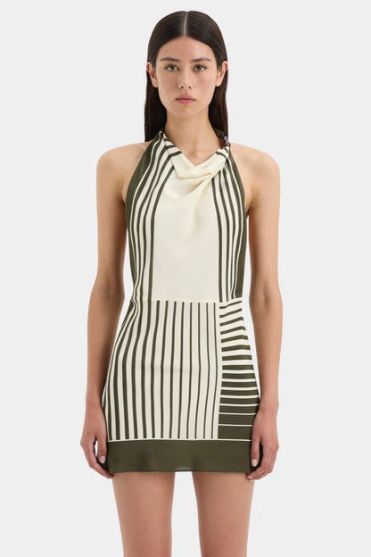 Green - Women's sleeveless mini dress featuring a halter cowl neckline and a bold cream and dark green geometric block stripe pattern.