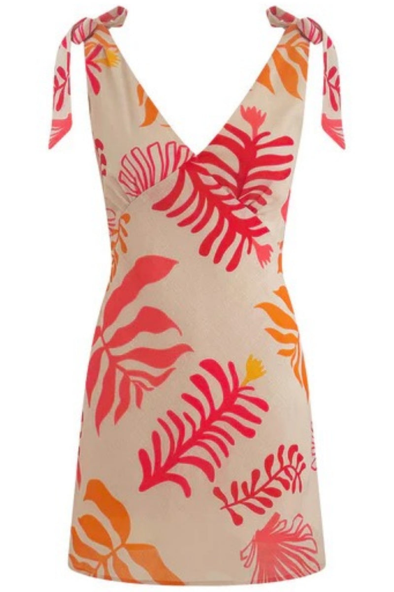Pink - Women's sleeveless mini dress featuring a light base with a vibrant pink, red, and orange tropical leaf print, styled with a V-neckline and tie-shoulder details.