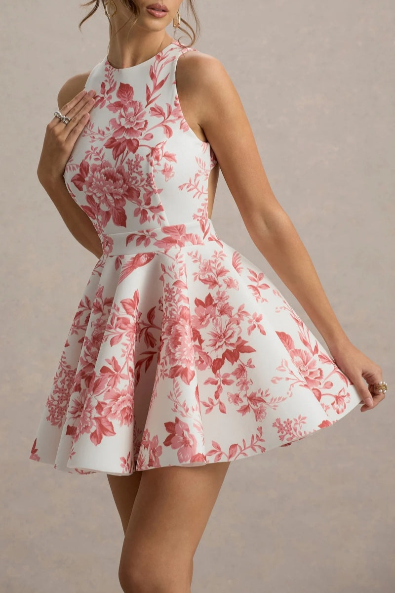Pink - Women's high-neck sleeveless mini dress featuring a fitted bodice, dramatically flared skirt, and a pink botanical floral print on a white background.