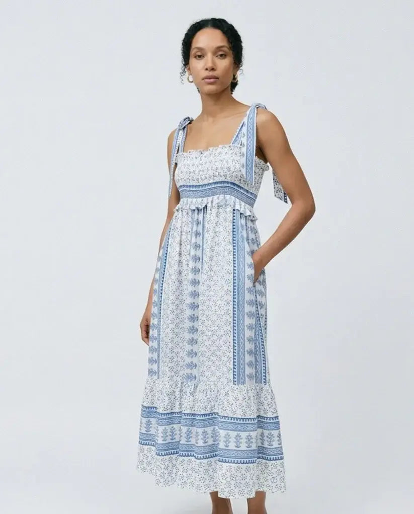 Women's Smocked Tie-Shoulder Midi Dress with a Tile Print