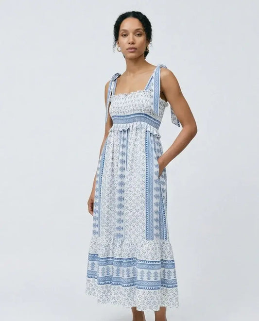 Women's Smocked Tie-Shoulder Midi Dress with a Tile Print