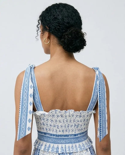 Women's Smocked Tie-Shoulder Midi Dress with a Tile Print