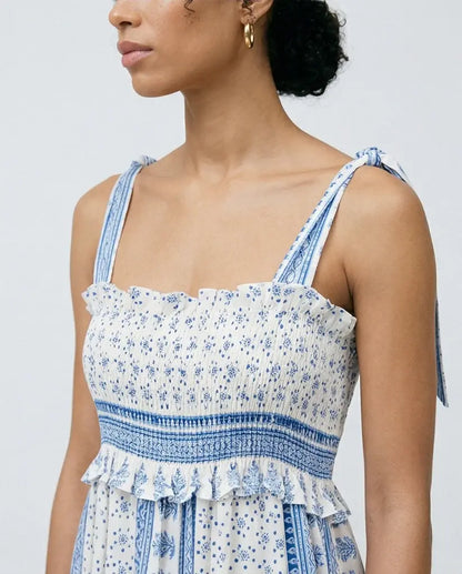 Women's Smocked Tie-Shoulder Midi Dress with a Tile Print