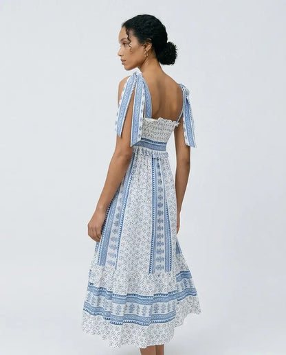 Women's Smocked Tie-Shoulder Midi Dress with a Tile Print