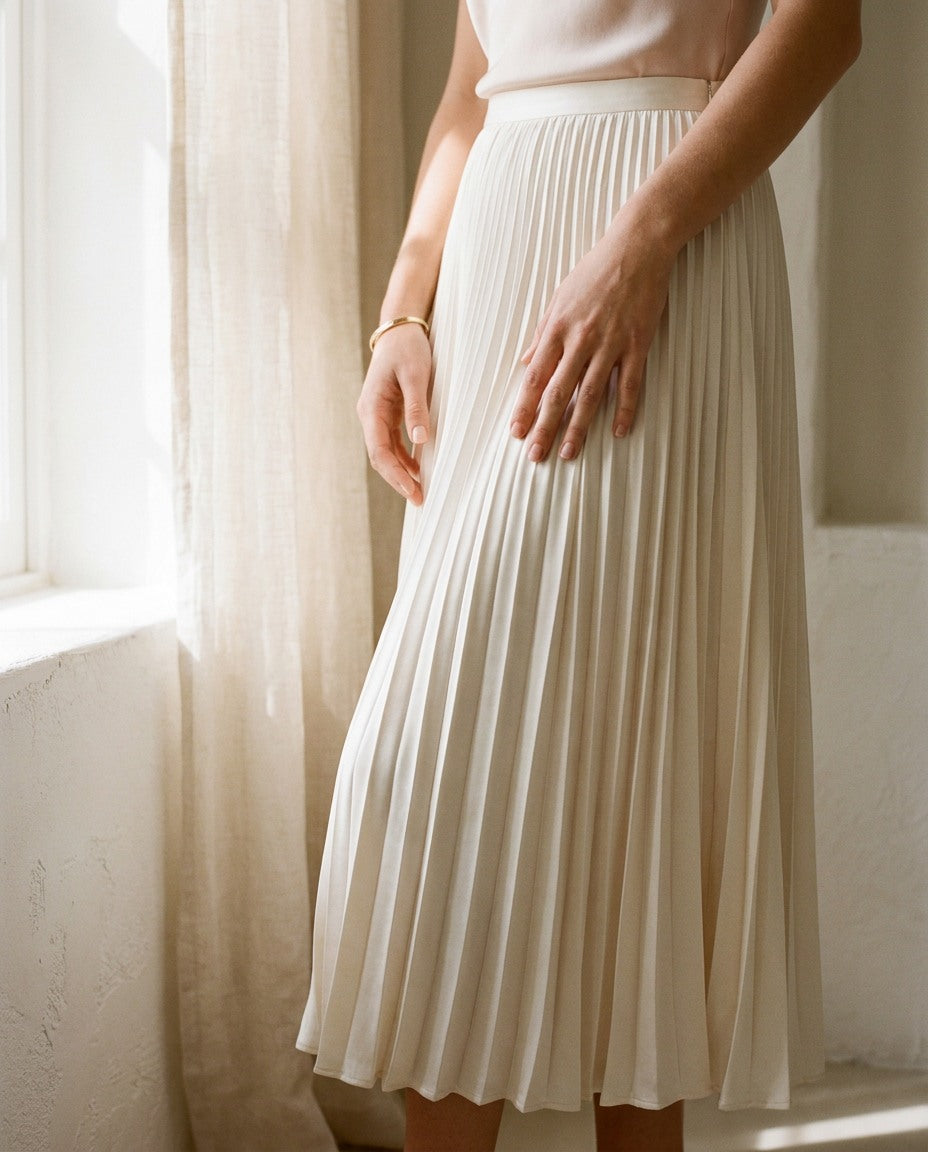 Ivory pleated skirt detail in soft window light