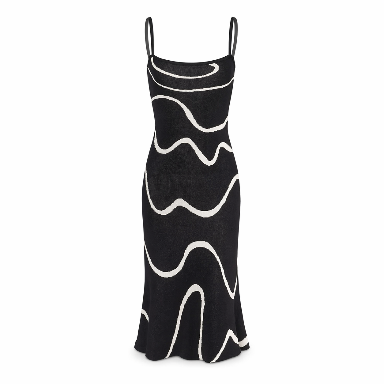 Black - Model wearing a sleeveless square-neck midi dress featuring an abstract wavy line pattern, styled with an evening clutch and heels.