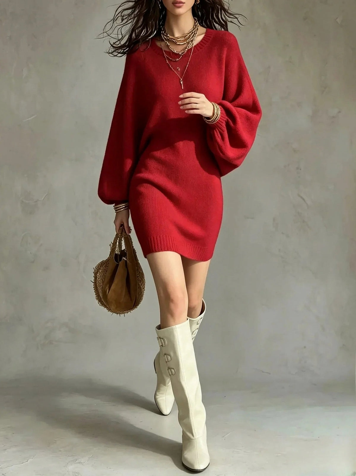 Knit Balloon Sleeve Sweater Dress
