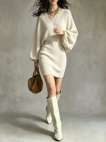 Knit Balloon Sleeve Sweater Dress