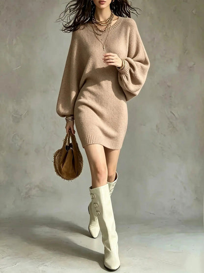 Knit Balloon Sleeve Sweater Dress