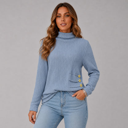 Knit Button Detail High Neck Sweater