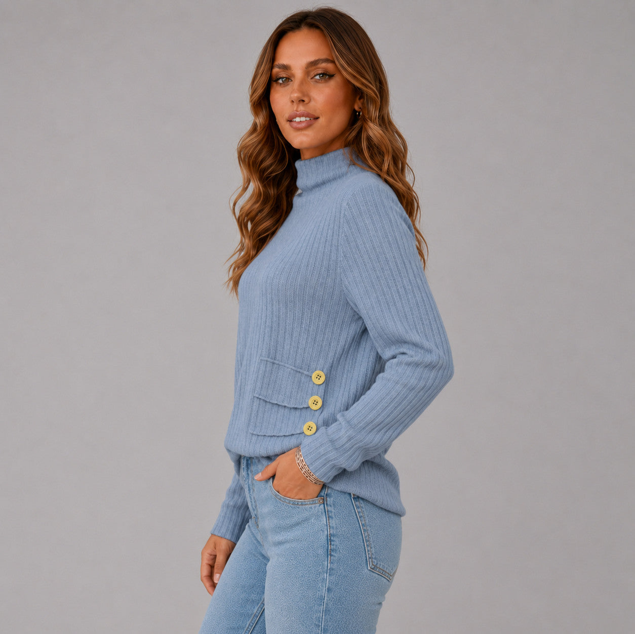 Knit Button Detail High Neck Sweater