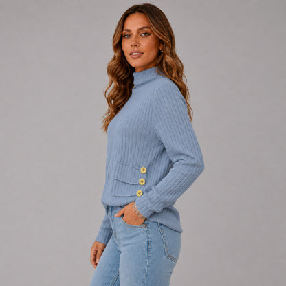Knit Button Detail High Neck Sweater