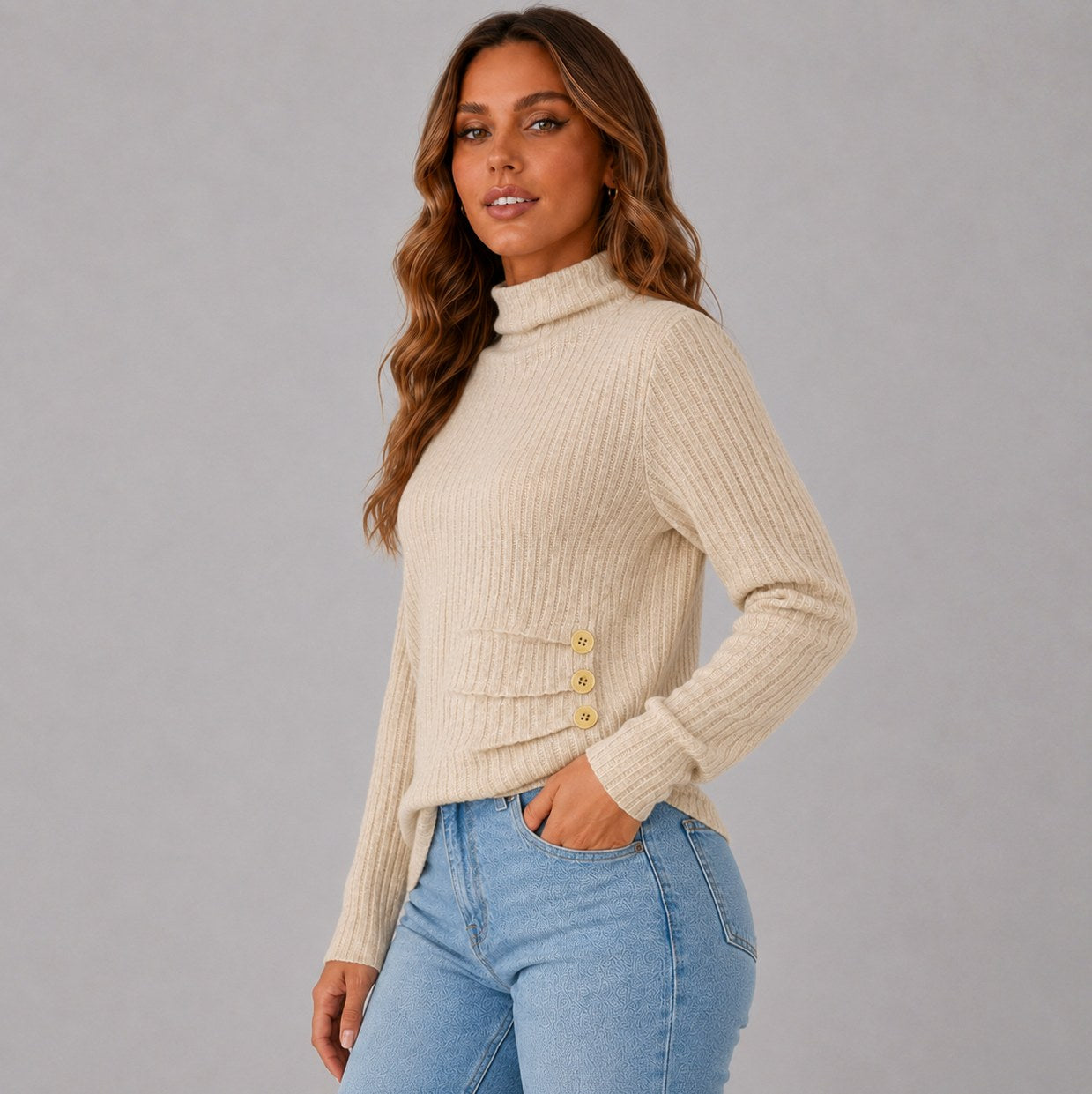 Knit Button Detail High Neck Sweater