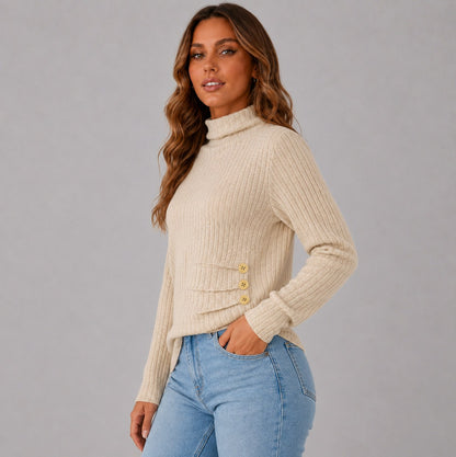 Knit Button Detail High Neck Sweater