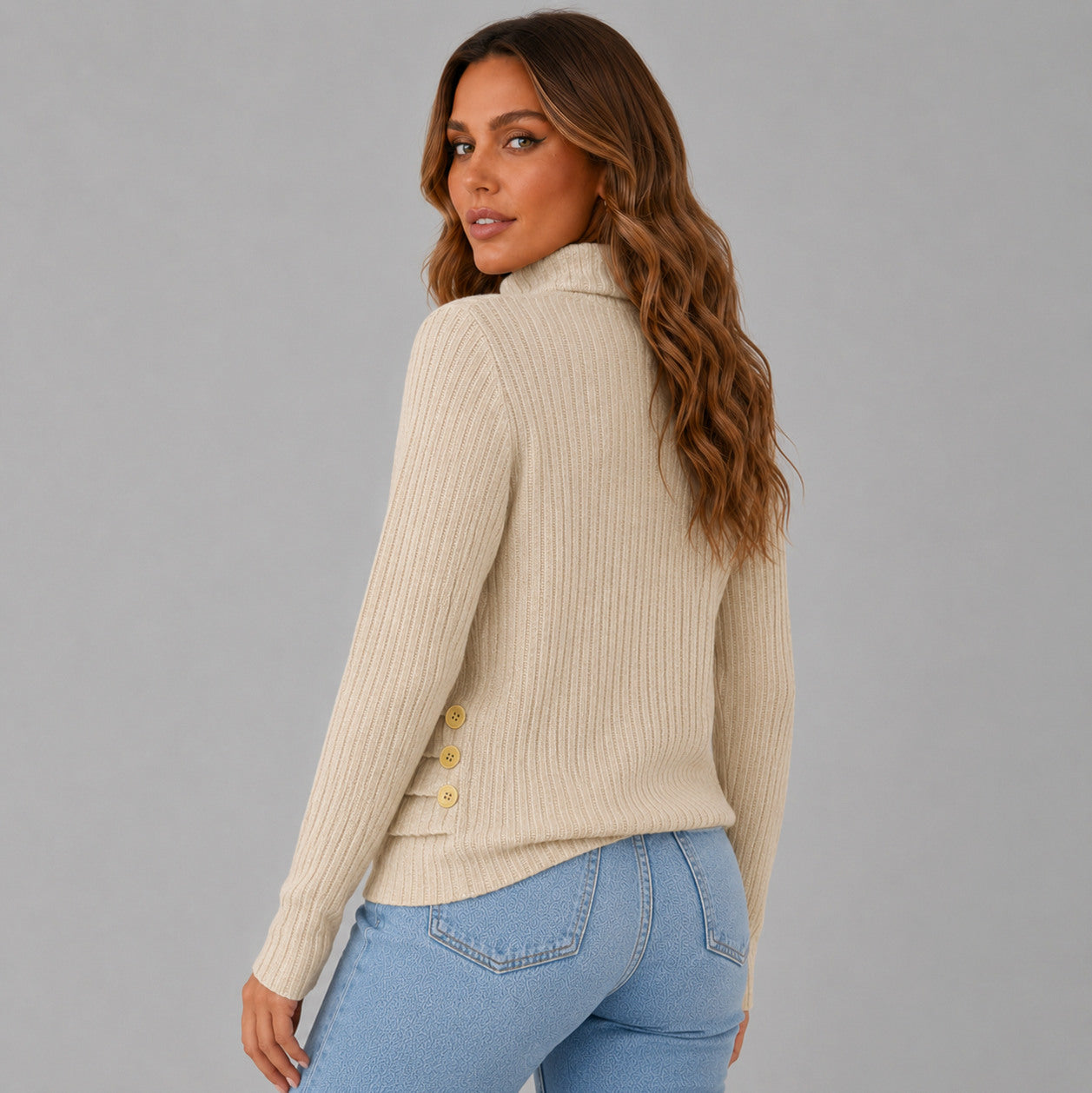 Knit Button Detail High Neck Sweater