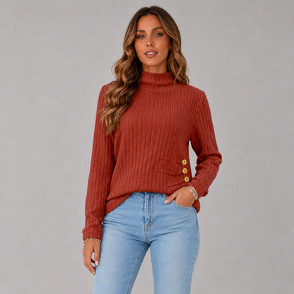 Knit Button Detail High Neck Sweater