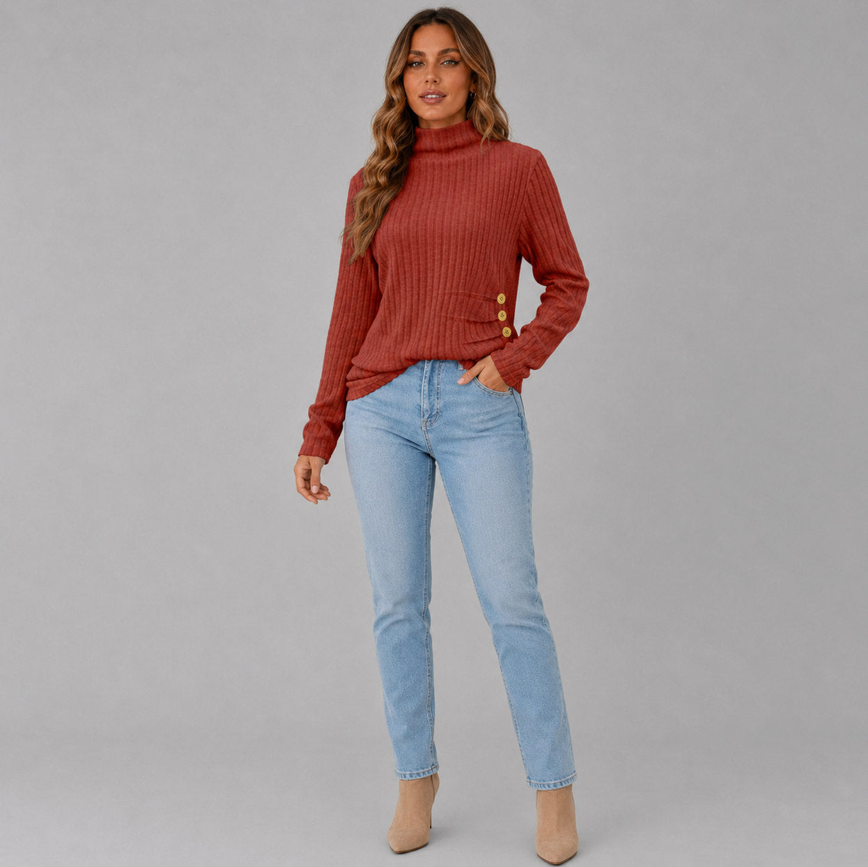 Knit Button Detail High Neck Sweater