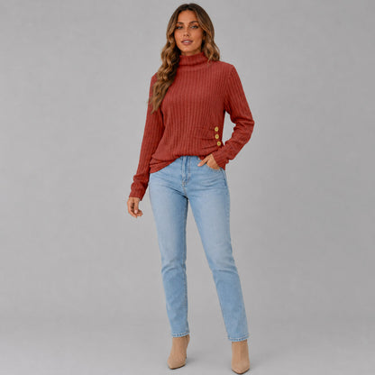 Knit Button Detail High Neck Sweater