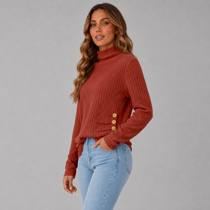 Knit Button Detail High Neck Sweater