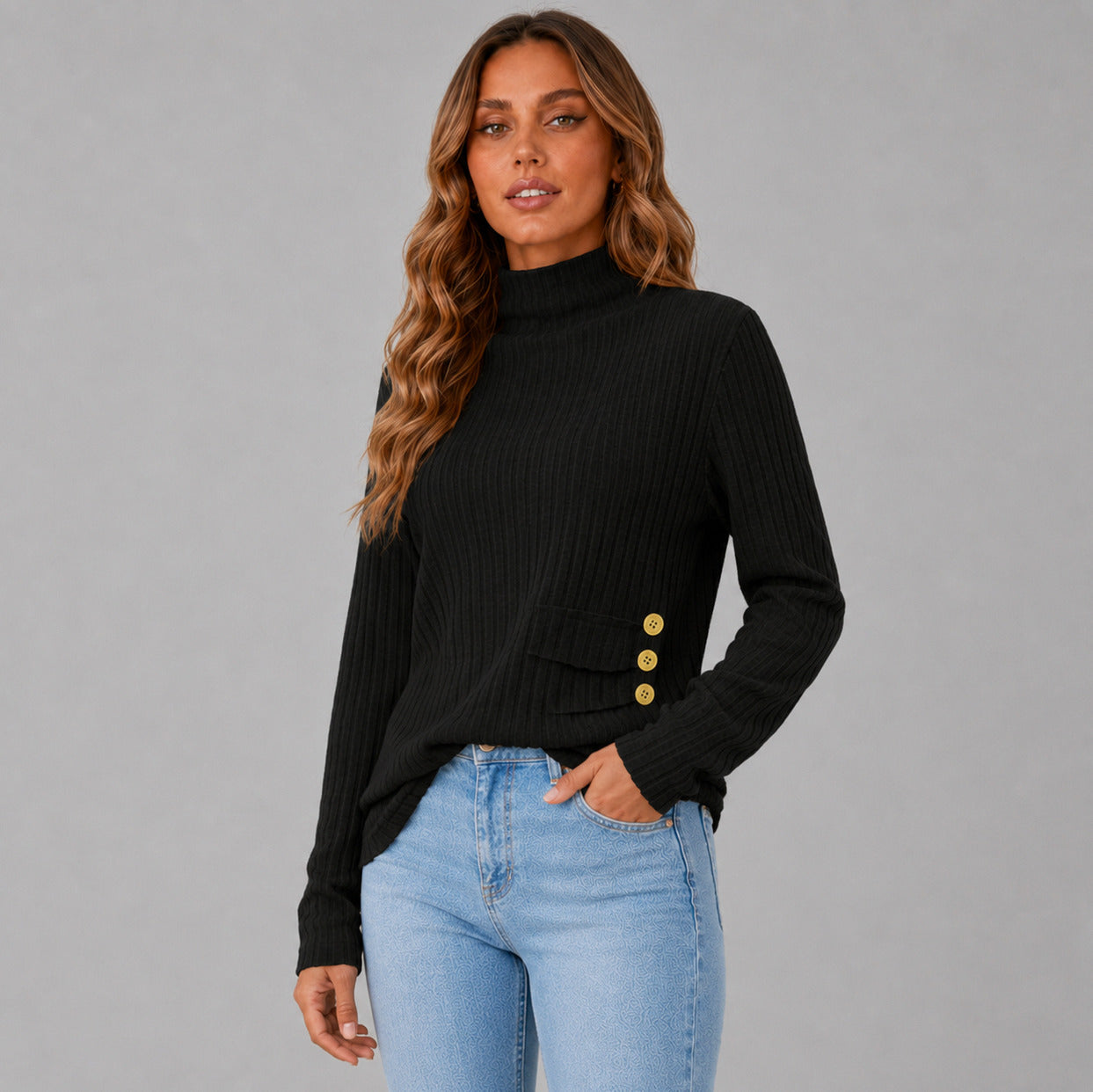 Knit Button Detail High Neck Sweater