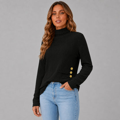 Knit Button Detail High Neck Sweater