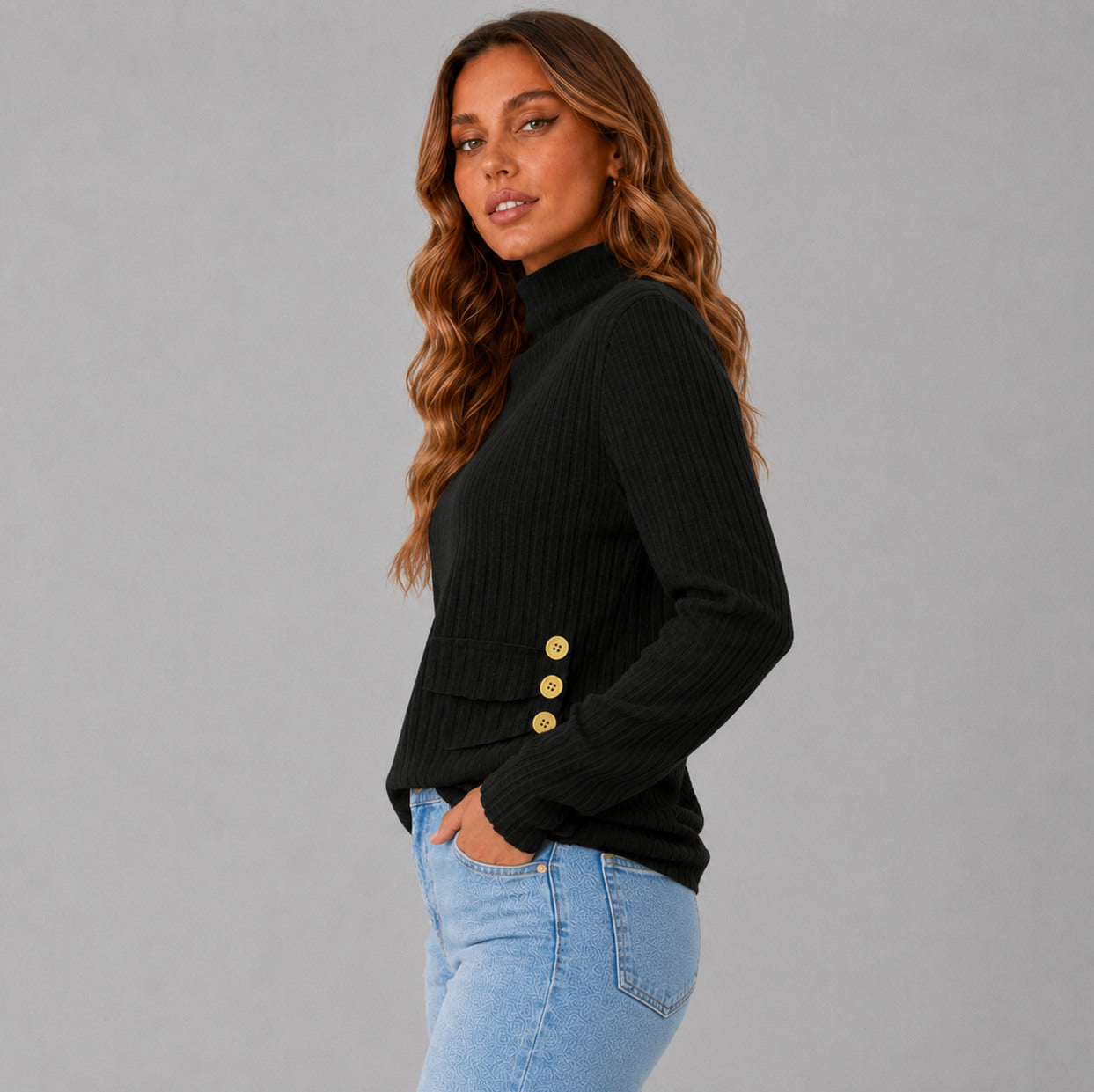 Knit Button Detail High Neck Sweater