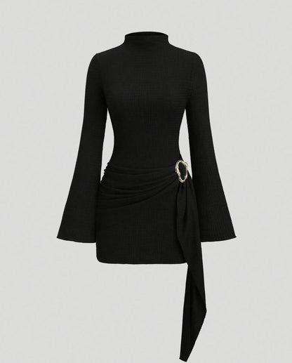 Knit Draped Mock Neck Mini Dress
