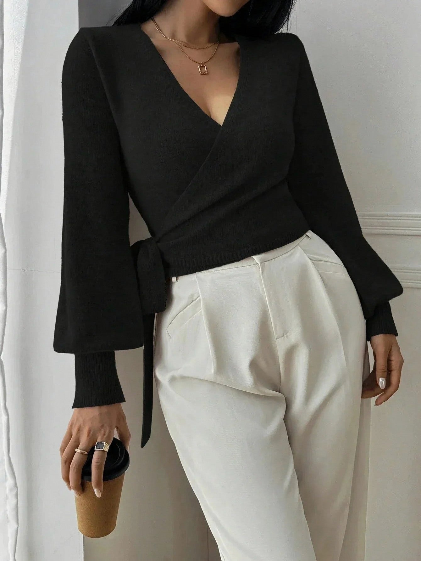 Knit Wrap Tie Waist Blouse