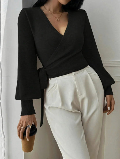 Knit Wrap Tie Waist Blouse