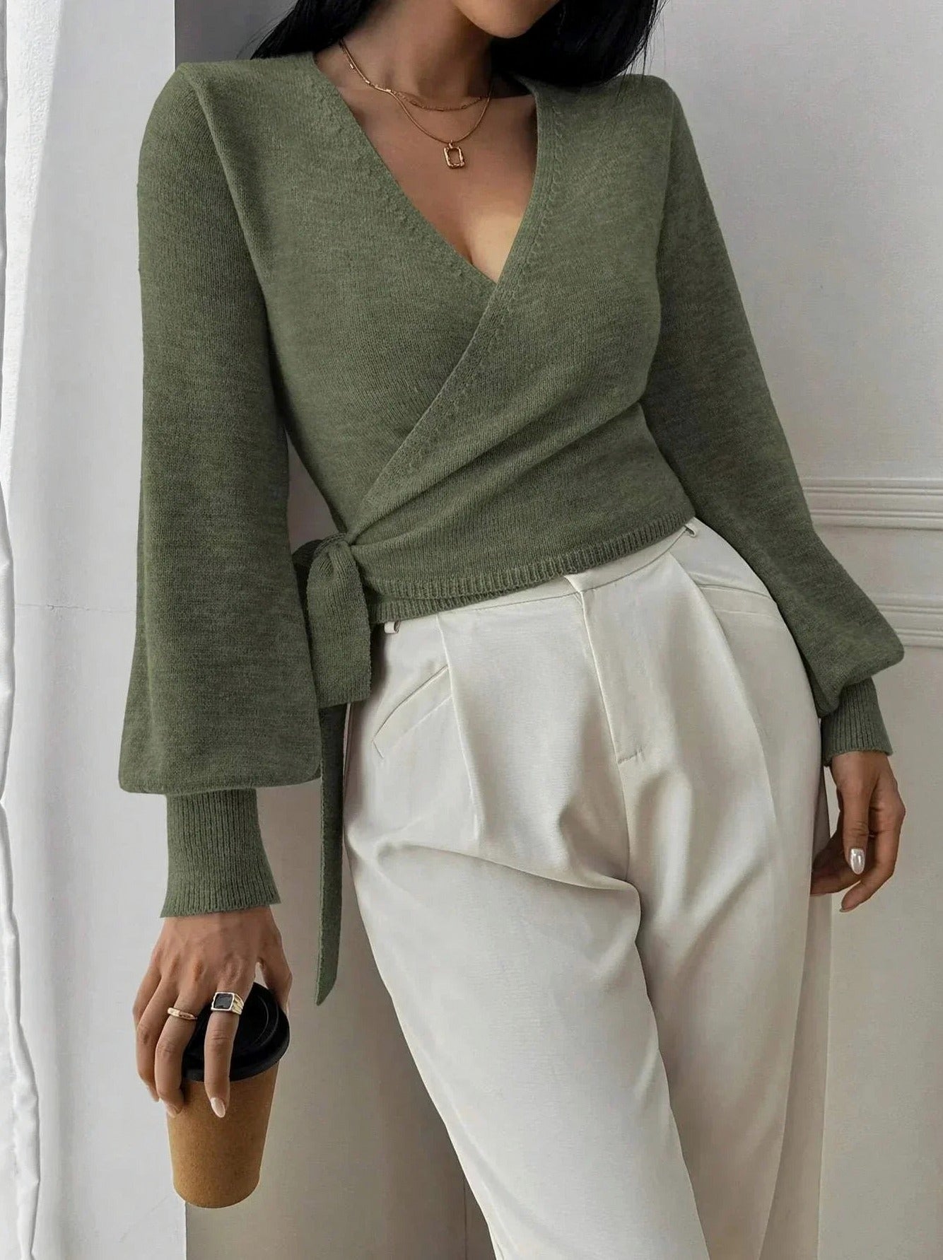 Knit Wrap Tie Waist Blouse