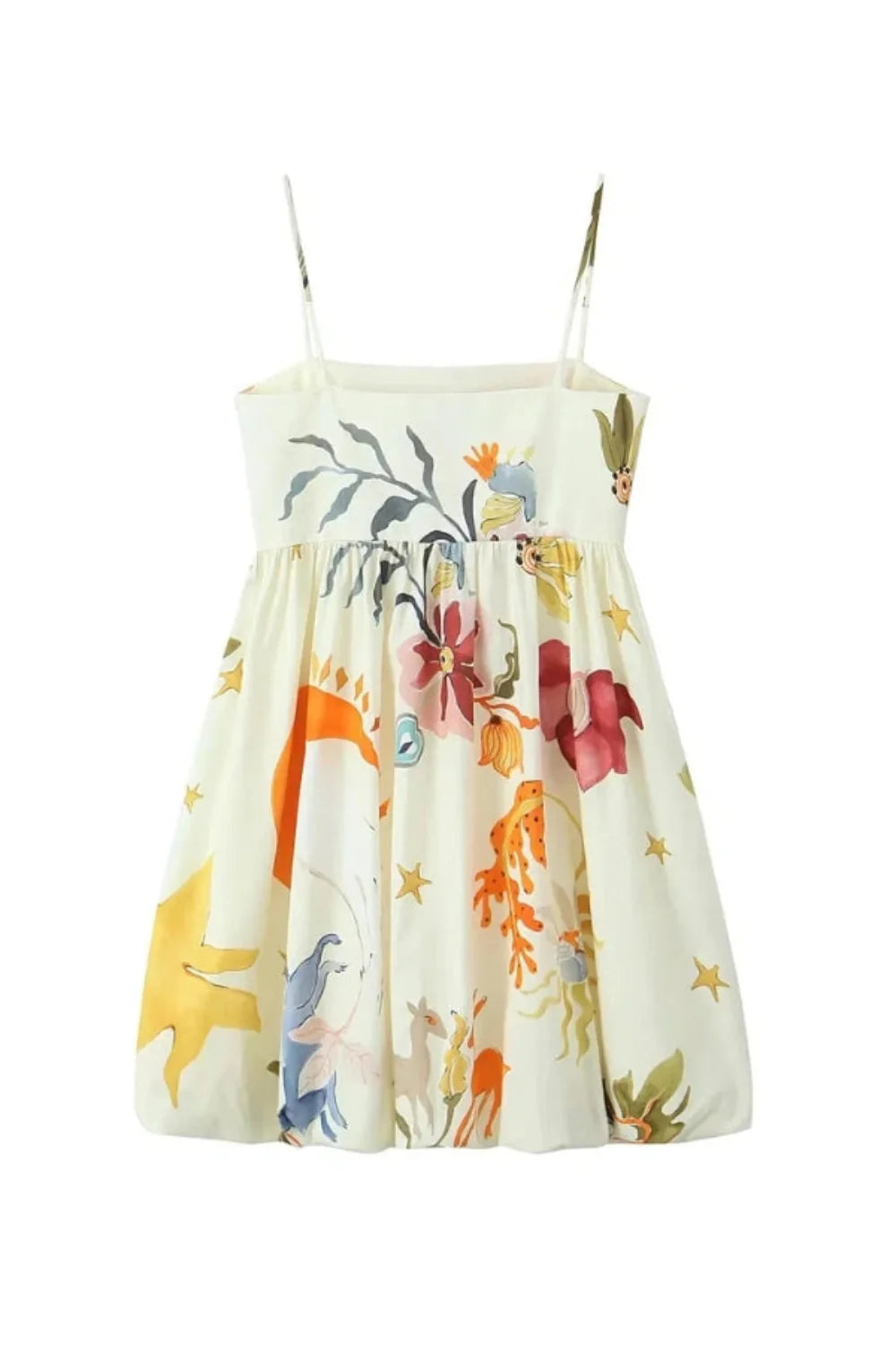 Woman wearing a white mini dress with a vibrant, large-scale abstract floral print, spaghetti straps, and a voluminous bubble hem.