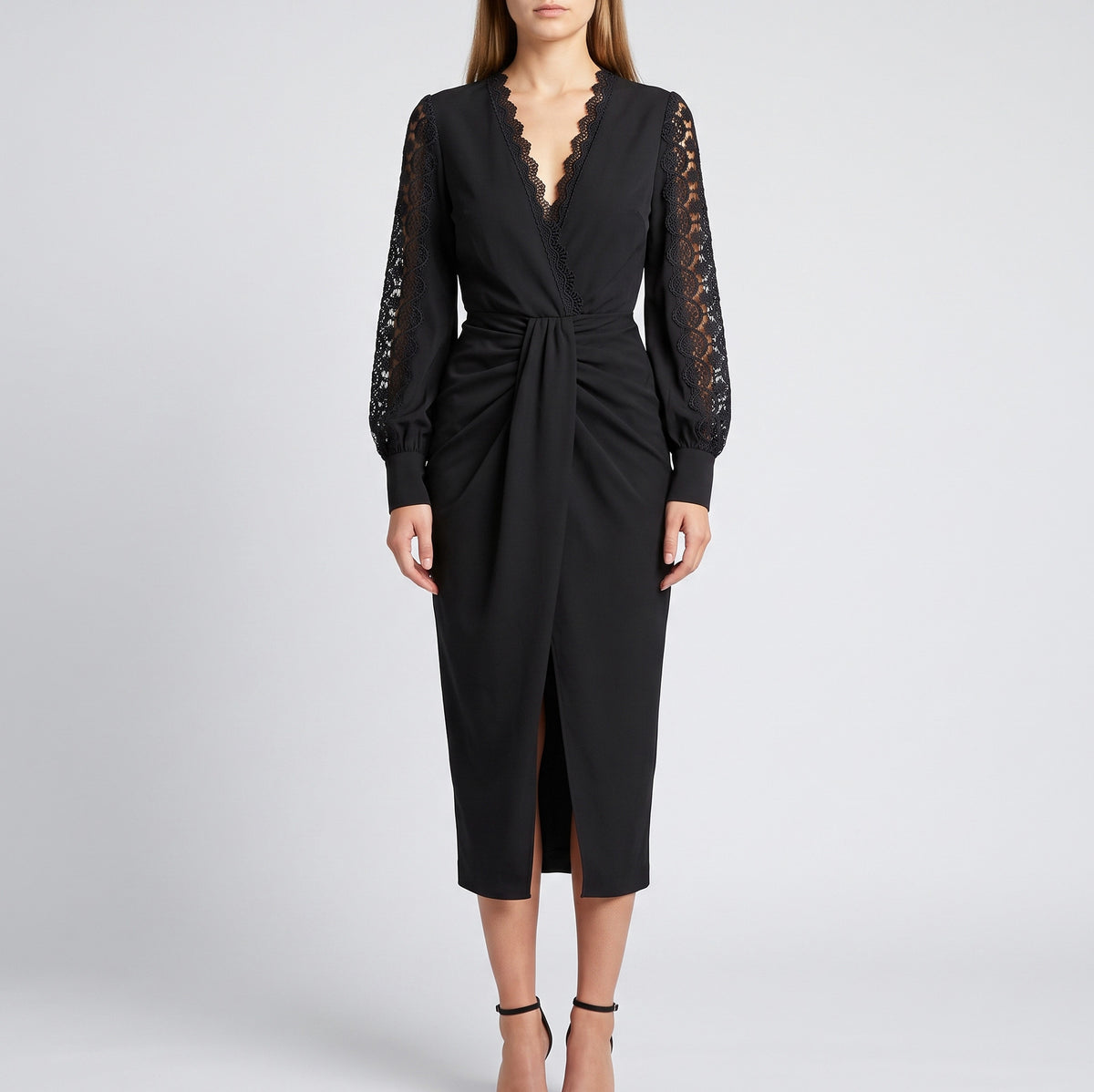 Lace Long Sleeve Twist Front Midi Dress