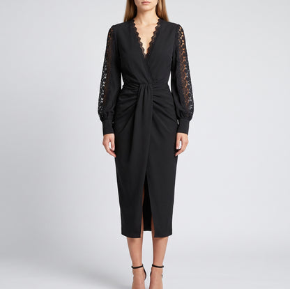 Lace Long Sleeve Twist Front Midi Dress