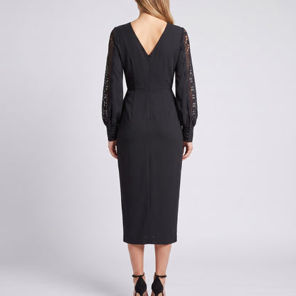 Lace Long Sleeve Twist Front Midi Dress
